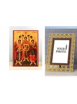 Εικόνα Ορθοδοξίας Πολυτελείας  με  σχεδιο Σταυρούς μαζι με  Βάση σε  8 χρώματα με περίγραμμα χρυσό σε ξύλο Plywood (Πλακάζ)   με  βάση Σύναξη Αρχαγγέλων με τον Ιησού Χριστό Παλιάς τεχνοτροπίας, Ξύλινη Χειροποίητη Εικόνα Ελληνική Premium Βυζαντινού Στυλ το