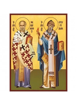 Εικόνα Ορθοδοξίας με περίγραμμα χρυσό σε ξύλο Φλαμουρίας  με  βάση Εικόνα ΑΓΙΟΙ ΝΙΚΟΛΑΟΣ, ΑΡΧΙΕΠΙΣΚΟΠΟΣ ΜΥΡΩΝ ΛΥΚΙΑΣ ΚΑΙ ΣΠΥΡΙΔΩΝ ΕΠΙΣΚΟΠΟΣ ΤΡΙΜΥΘΟΎΝΤΟΣ ΚΥΠΡΟΥ, ΟΛΟΣΩΜΟΙ Χειροποίητη Ελληνορθόδοξη εικόνα του Ιησού Χριστού, Κρεμαστή πλάκα βυζαντινής τέχνης,