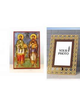 Σετ 2 τεμαχίων – Εικόνα Ορθοδοξίας Πολυτελείας  με  σχεδιο Σταυρούς μαζι με  Βάση σε  8 χρώματα με περίγραμμα χρυσό σε ξύλο Plywood (Πλακάζ)   με  βάση Άγιοι Άγιοι Ανεργοφόροι Κοσμάς και Δαμιανός Γαλάζιος, Ξύλινη Χειροποίητη Εικόνα Ελληνικού Βυζαντινού Στ