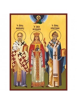 Εικόνα Ορθοδοξίας με περίγραμμα χρυσό σε ξύλο Φλαμουρίας  με  βάση Εικόνα ΑΓΙΟΙ ΝΙΚΟΛΑΟΣ, ΑΡΧΙΕΠΙΣΚΟΠΟΣ ΜΥΡΩΝ ΛΥΚΙΑΣ, ΘΕΟΔΩΡΑ, Η ΑΥΓΟΥΣΤΑ, ΣΠΥΡΙΔΩΝ, ΕΠΙΣΚΟΠΟΣ ΤΡΙΜΥΘΟΥΝΤΟΣ ΚΥΠΡΟΥ, ΟΛΟΣΩΜΟΙ Χειροποίητη Ελληνορθόδοξη εικόνα του Ιησού Χριστού, Κρεμαστή πλάκα