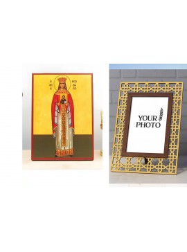 Σετ 2 τεμαχίων – Εικόνα Ορθοδοξίας Πολυτελείας  με  σχεδιο Σταυρούς μαζι με  Βάση σε  8 χρώματα με περίγραμμα χρυσό σε ξύλο Plywood (Πλακάζ)   με  βάση Αγία Θεοδώρα η Αυτοκράτειρα, Ξύλινη Χειροποίητη Εικόνα Ελληνικού Βυζαντινού Στυλ Κρεμαστή σε ξύλινη πλά