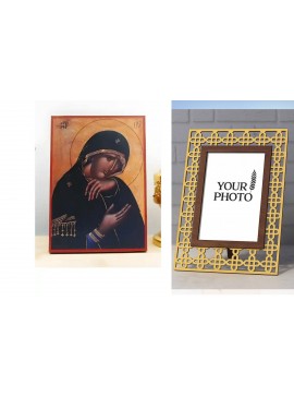 Εικόνα Ορθοδοξίας Πολυτελείας  με  σχεδιο Σταυρούς μαζι με  Βάση σε  8 χρώματα με περίγραμμα χρυσό σε ξύλο Plywood (Πλακάζ)   με  βάση Η Παναγία στο Θρήνο, Ξύλινη Χειροποίητη Εικόνα Ελληνικού Premium Βυζαντινού Στυλ Κρεμασμένο σε ξύλινη πλάκα Θρησκευτικό 