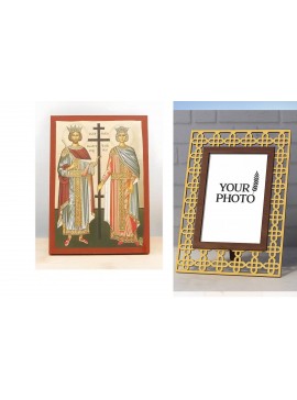 Σετ 2 τεμαχίων – Εικόνα Ορθοδοξίας Πολυτελείας  με  σχεδιο Σταυρούς μαζι με  Βάση σε  8 χρώματα με περίγραμμα χρυσό σε ξύλο Plywood (Πλακάζ)   με  βάση Άγιος Κωνσταντίνος και Αγία Ελένη, Ξύλινη Χειροποίητη Εικόνα με Ψηφιακή Εκτύπωση Ελληνικό Premium Βυζαν