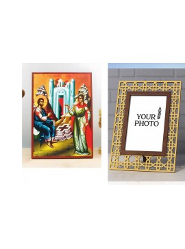 Σετ 2 τεμαχίων – Εικόνα Ορθοδοξίας Πολυτελείας  με  σχεδιο Σταυρούς μαζι με  Βάση σε  8 χρώματα με περίγραμμα χρυσό σε ξύλο Plywood (Πλακάζ)   με  βάση Ο Ιησούς Χριστός μιλά με Σαμαρείτισσα, Ξύλινη Χειροποίητη Εικόνα Ελληνικού Βυζαντινού Στυλ Κρεμασμένο σ