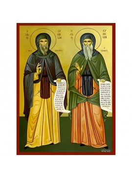 Εικόνα Ορθοδοξίας με περίγραμμα χρυσό σε ξύλο Φλαμουρίας  με  βάση Εικόνα ΑΓΙΟΙ ΣΥΜΕΩΝ Ο ΝΕΟΣ ΘΕΟΛΟΓΟΣ ΚΑΙ ΣΥΜΕΩΝ Ο ΕΥΛΑΒΗΣ, ΟΛΟΣΩΜΟΙ Χειροποίητη Ελληνορθόδοξη εικόνα του Ιησού Χριστού, Κρεμαστή πλάκα βυζαντινής τέχνης, χριστιανική τέχνη Διάσταση 40x30 cm