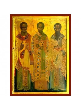 Εικόνα Ορθοδοξίας με περίγραμμα χρυσό σε ξύλο Φλαμουρίας  με  βάση Εικόνα ΑΓΙΟΙ ΤΡΕΙΣ ΙΕΡΑΡΧΕΣ, ΒΑΣΙΛΕΙΟΣ Ο ΜΕΓΑΣ, ΓΡΗΓΟΡΙΟΣ Ο ΘΕΟΛΟΓΟΣ, ΙΩΑΝΝΗΣ Ο ΧΡΥΣΟΣΤΟΜΟΣ, ΟΛΟΣΩΜΟΙ Χειροποίητη Ελληνορθόδοξη εικόνα του Ιησού Χριστού, Κρεμαστή πλάκα βυζαντινής τέχνης, 