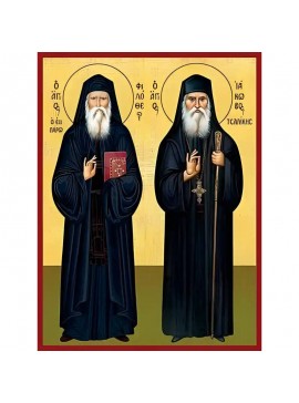 Εικόνα Ορθοδοξίας με περίγραμμα χρυσό σε ξύλο Φλαμουρίας  με  βάση Εικόνα ΑΓΙΟΙ ΦΙΛΟΘΕΟΣ ΖΕΡΒΑΚΟΣ Ο ΕΝ ΠΑΡΩ, ΙΑΚΩΒΟΣ ΤΣΑΛΙΚΗΣ, ΟΛΟΣΩΜΟΙ Χειροποίητη Ελληνορθόδοξη εικόνα του Ιησού Χριστού, Κρεμαστή πλάκα βυζαντινής τέχνης, χριστιανική τέχνη Διάσταση 40x30 