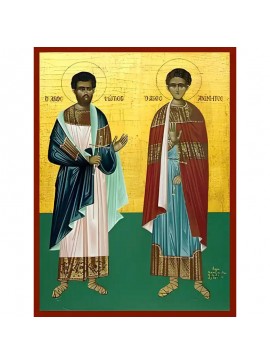 Εικόνα Ορθοδοξίας με περίγραμμα χρυσό σε ξύλο Φλαμουρίας  με  βάση Εικόνα ΑΓΙΟΙ ΦΩΤΙΟΣ ΚΑΙ ΑΝΙΚΗΤΟΣ ΝΙΚΟΜΗΔΕΙΑΣ, ΟΛΟΣΩΜΟΙ Χειροποίητη Ελληνορθόδοξη εικόνα του Ιησού Χριστού, Κρεμαστή πλάκα βυζαντινής τέχνης, χριστιανική τέχνη Διάσταση 40x30 cm (10,2x7,9 ί