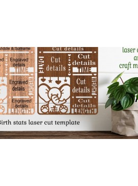 Σετ των 2 Intra απο ξύλο plywood 3mm-4mm πάχος - Elephant Baby Stats, Πλακέτα γέννησης  Δίασταση 30x20 cm INTRAFABR-72036260