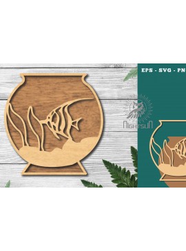 Σετ των 2 Intra απο ξύλο plywood 3mm-4mm πάχος - Ψάρια σε μπολ Διακόσμηση κοπής με λέιζερ 3 Δίασταση 20x20 cm INTRAFABR-118735458