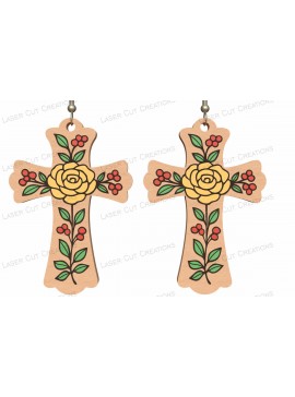 Σετ των 3 Intra απο ξύλο plywood 3mm-4mm πάχος - Σκουλαρίκια σταυρός με λουλούδια  Δίασταση 3x3 cm INTRAFABR-124634107