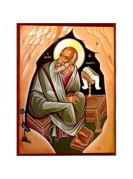 Εικόνα Ορθοδοξίας με περίγραμμα χρυσό σε ξύλο Φλαμουρίας  με  βάση Εικόνα ΑΓΙΟΣ ΑΠΟΣΤΟΛΟΣ ΚΑΙ ΕΥΑΓΓΕΛΙΣΤΗΣ ΙΩΑΝΝΗΣ Ο ΘΕΟΛΟΓΟΣ ΣΕ ΣΠΗΛΑΙΟ, ΟΛΟΣΩΜΟΣ Χειροποίητη Ελληνορθόδοξη εικόνα του Ιησού Χριστού, Κρεμαστή πλάκα βυζαντινής τέχνης, χριστιανική τέχνη Διάσ