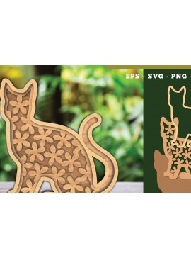 Σετ των 2 Intra απο ξύλο plywood 3mm-4mm πάχος - Flowers Cat Laser Cut Decoration  2 Δίασταση 20x20 cm INTRAFABR-111784059