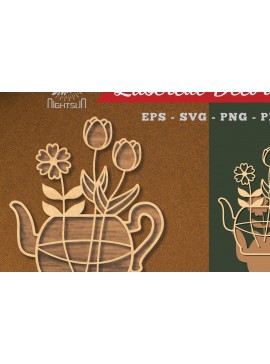 Σετ των 2 Intra απο ξύλο plywood 3mm-4mm πάχος - Λουλούδια σε διακόσμηση τσαγιέρας κομμένη με λέιζερ 5 Δίασταση 20x20 cm INTRAFABR-113203785