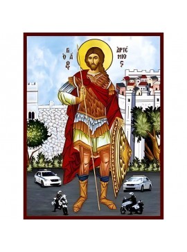 Εικόνα Ορθοδοξίας με περίγραμμα χρυσό σε ξύλο Φλαμουρίας  με  βάση Εικόνα ΑΓΙΟΣ ΑΡΤΕΜΙΟΣ, Ο ΜΕΓΑΛΟΜΑΡΤΥΣ, ΑΝΤΙΟΧΕΙΑΣ, ΟΛΟΣΩΜΟΣ, ΠΡΟΣΤΑΤΗΣ ΤΩΝ ΑΣΤΥΝΟΜΙΚΩΝ Χειροποίητη Ελληνορθόδοξη εικόνα του Ιησού Χριστού, Κρεμαστή πλάκα βυζαντινής τέχνης, χριστιανική τέχ