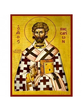 Εικόνα Ορθοδοξίας με περίγραμμα χρυσό σε ξύλο Φλαμουρίας  με  βάση Εικόνα ΑΓΙΟΣ ΒΗΣΣΑΡΙΩΝ, ΑΡΧΙΕΠΙΣΚΟΠΟΣ ΛΑΡΙΣΗΣ Χειροποίητη Ελληνορθόδοξη εικόνα του Ιησού Χριστού, Κρεμαστή πλάκα βυζαντινής τέχνης, χριστιανική τέχνη Διάσταση 40x30 cm (10,2x7,9 ίντσες)  I