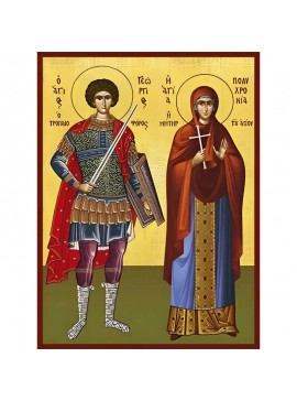 Εικόνα Ορθοδοξίας με περίγραμμα χρυσό σε ξύλο Φλαμουρίας  με  βάση Εικόνα ΑΓΙΟΣ ΓΕΩΡΓΙΟΣ Ο ΤΡΟΠΑΙΟΦΟΡΟΣ ΚΑΙ ΑΓΙΑ ΠΟΛΥΧΡΟΝΙΑ, Η ΜΗΤΗΡ ΑΥΤΟΥ, ΟΛΟΣΩΜΟΙ Χειροποίητη Ελληνορθόδοξη εικόνα του Ιησού Χριστού, Κρεμαστή πλάκα βυζαντινής τέχνης, χριστιανική τέχνη Δι