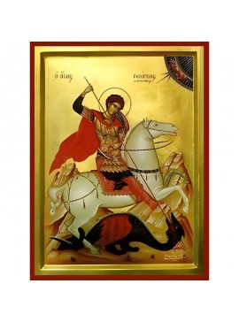 Εικόνα Ορθοδοξίας με περίγραμμα χρυσό σε ξύλο Φλαμουρίας  με  βάση Εικόνα ΑΓΙΟΣ ΓΕΩΡΓΙΟΣ Ο ΤΡΟΠΑΙΟΦΟΡΟΣ, ΕΦΙΠΠΟΣ Χειροποίητη Ελληνορθόδοξη εικόνα του Ιησού Χριστού, Κρεμαστή πλάκα βυζαντινής τέχνης, χριστιανική τέχνη Διάσταση 40x30 cm (10,2x7,9 ίντσες)  I