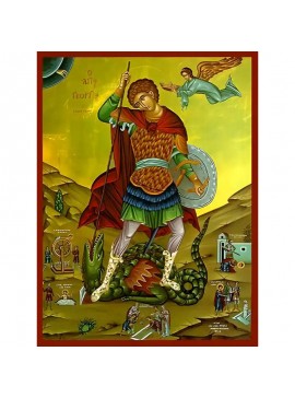 Εικόνα Ορθοδοξίας με περίγραμμα χρυσό σε ξύλο Φλαμουρίας  με  βάση Εικόνα ΑΓΙΟΣ ΓΕΩΡΓΙΟΣ Ο ΤΡΟΠΑΙΟΦΟΡΟΣ, ΜΕ ΣΚΗΝΕΣ ΑΠΟ ΤΟΝ ΒΙΟΝ ΤΟΥ, ΟΛΟΣΩΜΟΣ Χειροποίητη Ελληνορθόδοξη εικόνα του Ιησού Χριστού, Κρεμαστή πλάκα βυζαντινής τέχνης, χριστιανική τέχνη Διάσταση 