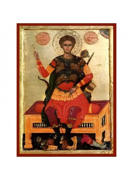 Εικόνα Ορθοδοξίας με περίγραμμα χρυσό σε ξύλο Φλαμουρίας  με  βάση Εικόνα ΑΓΙΟΣ ΔΗΜΗΤΡΙΟΣ, Ο ΜΥΡΟΒΛΥΤΗΣ, ΕΝΘΡΟΝΟΣ Χειροποίητη Ελληνορθόδοξη εικόνα του Ιησού Χριστού, Κρεμαστή πλάκα βυζαντινής τέχνης, χριστιανική τέχνη Διάσταση 40x30 cm (10,2x7,9 ίντσες)  