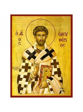Εικόνα Ορθοδοξίας με περίγραμμα χρυσό σε ξύλο Φλαμουρίας  με  βάση Εικόνα ΑΓΙΟΣ ΕΛΕΥΘΕΡΙΟΣ, ΙΕΡΟΜΑΡΤΥΣ, ΕΠΙΣΚΟΠΟΣ ΙΛΛΥΡΙΚΟΥ Χειροποίητη Ελληνορθόδοξη εικόνα του Ιησού Χριστού, Κρεμαστή πλάκα βυζαντινής τέχνης, χριστιανική τέχνη Διάσταση 40x30 cm (10,2x7,9