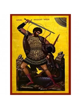 Εικόνα Ορθοδοξίας με περίγραμμα χρυσό σε ξύλο Φλαμουρίας  με  βάση Εικόνα ΑΓΙΟΣ ΘΕΟΔΩΡΟΣ Ο ΜΕΓΑΛΟΜΑΡΤΥΣ, ΤΗΡΩΝ, ΟΛΟΣΩΜΟΣ Χειροποίητη Ελληνορθόδοξη εικόνα του Ιησού Χριστού, Κρεμαστή πλάκα βυζαντινής τέχνης, χριστιανική τέχνη Διάσταση 40x30 cm (10,2x7,9 ίν