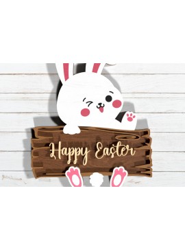 Σετ των 2 Intra απο ξύλο plywood  Χρώμα wenge 3mm-4mm πάχος - Χαριτωμένο Πασχαλινό λαγουδάκι , Happy Sign Wood Δίασταση 4x4 cm INTRAFABR-116384336