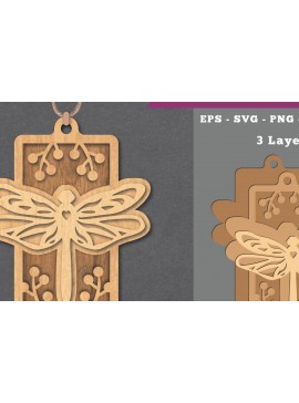 Σετ των 2 Intra απο ξύλο plywood  Χρώμα wenge 3mm-4mm πάχος - Στολίδι κοπής με λέιζερ Dragonfly 3 Δίασταση 6x6 cm INTRAFABR-111113026