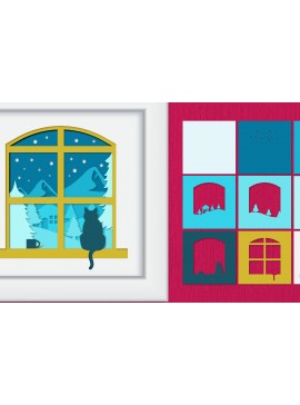 Σετ των 2 Intra απο ξύλο plywood 3mm-4mm πάχος – Χειμωνιάτικη γάτα σε χαρτί με στρώματα Windows Δίασταση  20x20 cm INTRAFABR-86075315