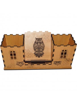 Intra απο ξύλο plywood 3mm-4mm πάχος - Επιτραπέζια Στυλόθήκη Castle με βάση τηλεφώνου Δίασταση 30x30 cm Intraeaxys-91jdmdp1