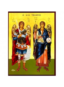 Εικόνα Ορθοδοξίας με περίγραμμα χρυσό σε ξύλο Φλαμουρίας  με  βάση Εικόνα Σύναξη Αρχαγγέλων Μιχαήλ και Γαβριήλ Χειροποίητη Ελληνορθόδοξη , Κρεμαστή πλάκα βυζαντινής τέχνης, χριστιανική τέχνη Διάσταση 40x30 cm (15,8 x 11,8 ίντσες) INTRAEK-294670405
