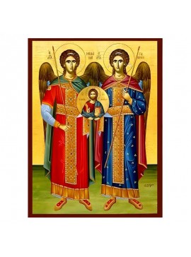 Εικόνα Ορθοδοξίας με περίγραμμα χρυσό σε ξύλο Φλαμουρίας  με  βάση Εικόνα Σύναξη Αρχαγγέλων Μιχαήλ και Γαβριήλ Χειροποίητη Ελληνορθόδοξη , Κρεμαστή πλάκα βυζαντινής τέχνης, χριστιανική τέχνη Διάσταση 40x30 cm (15,8 x 11,8 ίντσες) INTRAEK-294670401