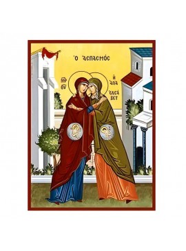 Εικόνα Ορθοδοξίας με περίγραμμα χρυσό σε ξύλο Φλαμουρίας  με  βάση Εικόνα Θεοτόκος και Αγία Ελισάβετ, ο Ασπασμός Χειροποίητη Ελληνορθόδοξη , Κρεμαστή πλάκα βυζαντινής τέχνης, χριστιανική τέχνη Διάσταση 45x35 cm (17,7 x 13,8 ίντσες) INTRAEK-6294670980