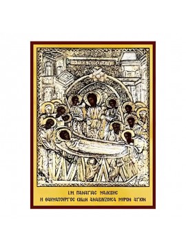 Εικόνα Ορθοδοξίας με περίγραμμα χρυσό σε ξύλο Φλαμουρίας  με  βάση Εικόνα Παναγία Μαλεβής, η Κοίμηση Χειροποίητη Ελληνορθόδοξη , Κρεμαστή πλάκα βυζαντινής τέχνης, χριστιανική τέχνη Διάσταση 45x35 cm (17,7 x 13,8 ίντσες) INTRAEK-6294671266