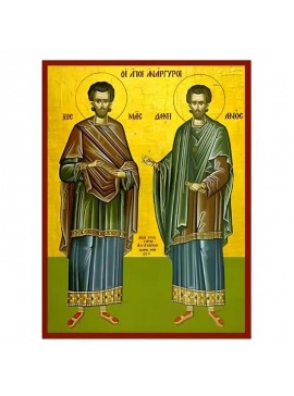 Εικόνα Ορθοδοξίας με περίγραμμα χρυσό σε ξύλο Φλαμουρίας  με  βάση Εικόνα Άγιοι Ανάργυροι Χειροποίητη Ελληνορθόδοξη , Κρεμαστή πλάκα βυζαντινής τέχνης, χριστιανική τέχνη Διάσταση 45x35 cm (17,7 x 13,8 ίντσες) INTRAEK-6294671167