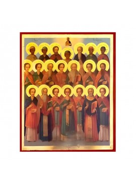 Εικόνα Ορθοδοξίας με περίγραμμα χρυσό σε ξύλο Φλαμουρίας  με  βάση Εικόνα Άγιοι είκοσι ένας Ανάργυροι Χειροποίητη Ελληνορθόδοξη , Κρεμαστή πλάκα βυζαντινής τέχνης, χριστιανική τέχνη Διάσταση 45x35 cm (17,7 x 13,8 ίντσες) INTRAEK-6294671153