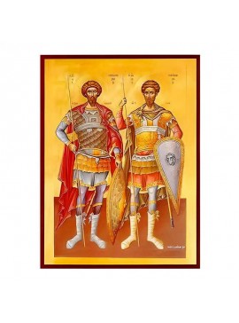 Εικόνα Ορθοδοξίας με περίγραμμα χρυσό σε ξύλο Φλαμουρίας  με  βάση Εικόνα Άγιοι Θεόδωροι, Τήρων και Στρατηλάτης Χειροποίητη Ελληνορθόδοξη , Κρεμαστή πλάκα βυζαντινής τέχνης, χριστιανική τέχνη Διάσταση 45x35 cm (17,7 x 13,8 ίντσες) INTRAEK-6294671148