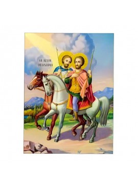 Εικόνα Ορθοδοξίας με περίγραμμα χρυσό σε ξύλο Φλαμουρίας  με  βάση Εικόνα Άγιοι Θεόδωροι, Τήρων και Στρατηλάτης Χειροποίητη Ελληνορθόδοξη , Κρεμαστή πλάκα βυζαντινής τέχνης, χριστιανική τέχνη Διάσταση 45x35 cm (17,7 x 13,8 ίντσες) INTRAEK-6294671144