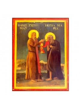 Εικόνα Ορθοδοξίας με περίγραμμα χρυσό σε ξύλο Φλαμουρίας  με  βάση Εικόνα Άγιοι Μαρία Αιγυπτία και Ζωσιμάς, Κοινωνών Αυτήν Χειροποίητη Ελληνορθόδοξη , Κρεμαστή πλάκα βυζαντινής τέχνης, χριστιανική τέχνη Διάσταση 45x35 cm (17,7 x 13,8 ίντσες) INTRAEK-62946