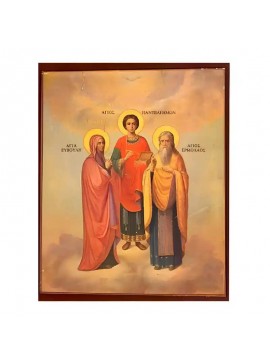 Εικόνα Ορθοδοξίας με περίγραμμα χρυσό σε ξύλο Φλαμουρίας  με  βάση Εικόνα Άγιοι Παντελεήμων, Ευβούλη και Ερμόλαος Χειροποίητη Ελληνορθόδοξη , Κρεμαστή πλάκα βυζαντινής τέχνης, χριστιανική τέχνη Διάσταση 45x35 cm (17,7 x 13,8 ίντσες) INTRAEK-6294671116