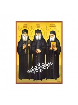 Εικόνα Ορθοδοξίας με περίγραμμα χρυσό σε ξύλο Φλαμουρίας  με  βάση Εικόνα Άγιοι τρεις Γέροντες, Πορφύριος Καυσοκαλυβίτης, Παΐσιος, Ιάκωβος Τσαλίκης Χειροποίητη Ελληνορθόδοξη , Κρεμαστή πλάκα βυζαντινής τέχνης, χριστιανική τέχνη Διάσταση 45x35 cm (17,7 x 1