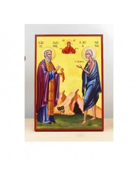Εικόνα Ορθοδοξίας με περίγραμμα χρυσό σε ξύλο Φλαμουρίας  με  βάση Οι Άγιοι Ζωσιμάς και η Αγία Μαρία της Αιγύπτου με την Παναγία, Ξύλινη Χειροποίητη Εικόνα Ελληνικού Premium Βυζαντινού Στυλ Κρεμασμένη σε Ξυλόπλακα Χειροποίητη Ελληνορθόδοξη εικόνα του Ιησο