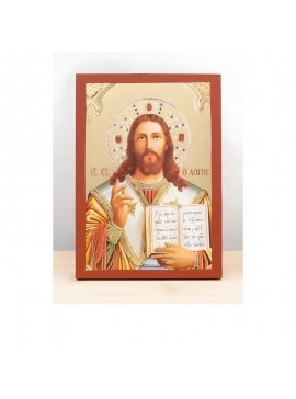 Εικόνα Ορθοδοξίας με περίγραμμα χρυσό σε ξύλο Φλαμουρίας  με  βάση Ο Ιησούς Χριστός ευλογούσε στην αρχή ήταν η Ξύλινη Χειροποίητη Εικόνα με  Ψηφιακή Εκτύπωση Ελληνικού Βυζαντινού Στυλ σε τοίχο Χειροποίητη Ελληνορθόδοξη εικόνα του Ιησού Χριστού, Κρεμαστή π