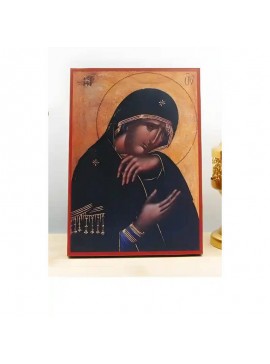 Εικόνα Ορθοδοξίας με περίγραμμα χρυσό σε ξύλο Φλαμουρίας  με  βάση Η Παναγία στο Θρήνο, Ξύλινη Χειροποίητη Εικόνα Ελληνικού Premium Βυζαντινού Στυλ Κρεμασμένο σε ξύλινη πλάκα Θρησκευτικό θέμα Χειροποίητη Ελληνορθόδοξη εικόνα του Ιησού Χριστού, Κρεμαστή πλ