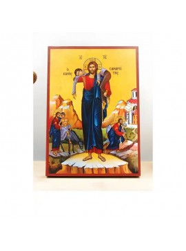 Εικόνα Ορθοδοξίας με περίγραμμα χρυσό σε ξύλο Φλαμουρίας  με  βάση Παράσταση Ιησούς Χριστός ο Καλός Σαμαρείτης, Ξύλινη Χειροποίητη Εικόνα Ελληνικού Βυζαντινού Στυλ Κρεμαστή σε ξύλινη πλάκα Θρησκευτικό Χειροποίητη Ελληνορθόδοξη εικόνα του Ιησού Χριστού, Κρ