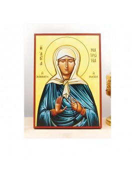 Εικόνα Ορθοδοξίας με περίγραμμα χρυσό σε ξύλο Φλαμουρίας  με  βάση Αγία Ματρώνα Νικόνοβα η Θαυματουργός της Μόσχας, Ξύλινη Χειροποίητη Εικόνα Ελληνικού Βυζαντινού Στυλ υψηλής ποιότητας που κρέμεται σε ξύλινη πλάκα Χειροποίητη Ελληνορθόδοξη εικόνα του Ιησο