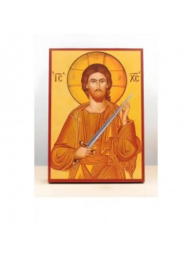 Εικόνα Ορθοδοξίας με περίγραμμα χρυσό σε ξύλο Φλαμουρίας  με  βάση Ο Ιησούς Χριστός κρατά ένα πνευματικό ξίφος "Κόβει" αμαρτίες, Ξύλινη χειροποίητη εικόνα Ελληνικού βυζαντινού στυλ τοίχου που κρέμεται σε ξύλινη πλάκα Χειροποίητη Ελληνορθόδοξη εικόνα του Ι