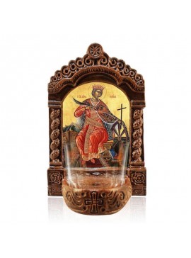 Σετ 2 τεμαχίων – Εικόνα Ορθοδοξίας με περίγραμμα χρυσό σε ξύλο Φλαμουρίας  με  βάση Φωτιστικό Αγίας Αικατερίνης, Εικόνα Επιτραπέζιας Αγίας Αικατερίνης, Χειροποίητο Κεραμικό Φωτιστικό με Γυάλινο Κύπελλο Διάσταση 15x11 cm (5,9 x 4,3 ίντσες) INTRAEK-16724172