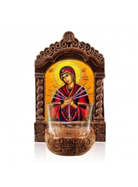 Εικόνα Ορθοδοξίας με περίγραμμα χρυσό σε ξύλο Φλαμουρίας  με  βάση Παναγία των Επτά Θλίψεων Παναγία Αγρυπνία, Η Επταξίφη Παναγία Κεραμική Επιτραπέζια Εικόνα, Παναγία Επτασπάθη Αγρυπνία με Κύπελλο Διάσταση 26x20 cm (10,2 x 7,9 ίντσες) INTRAEK-3216724156