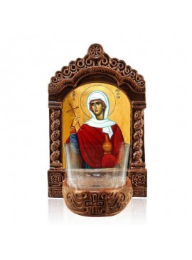 Σετ 2 τεμαχίων – Εικόνα Ορθοδοξίας με περίγραμμα χρυσό σε ξύλο Φλαμουρίας  με  βάση Φωτιστικό Αγρυπνίας Αγίας Αναστασίας η Θεραπεύτρια, Επιτραπέζια εικόνα Αγίας Αναστασίας η Θεραπεύτρια, Χειροποίητο Κεραμικό Φωτιστικό με Γυάλινο Κύπελλο Διάσταση 15x11 cm 